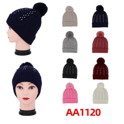 Women Winter Cable Knitted Hat Beanies Fur Lining Stone W/Pom AA1120