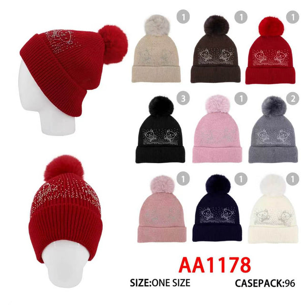 Winter Cable Knitted Soft Cuffed Hat Lady Rhinestone Twin Bear Beanies Skull Lining W/Pom AA1178