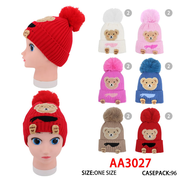 Kids Boys Girls Children Cute Bear Winter Warm Hats With Pom Earflap AA3027