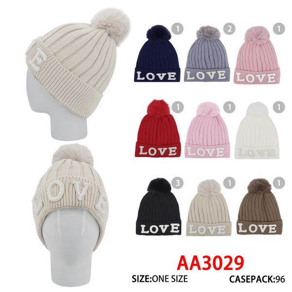 Winter Cable Knitted Cuffed Hat Lady Love Beanies Skull Lining W/Pom AA3029