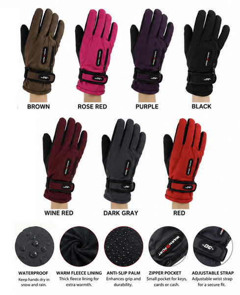 Lady Warm Fleece Insulation Waterproof Outdoor Ski Gloves Anti-Slip Palm W/Zipper Pocket GL55031