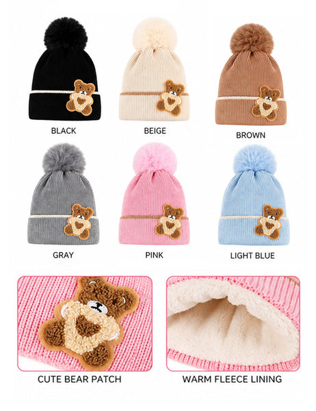 Kids Boys Girls Soft Warm Cute Bear Patch Winter Hats Caps Fleece Lining W/Pom H412
