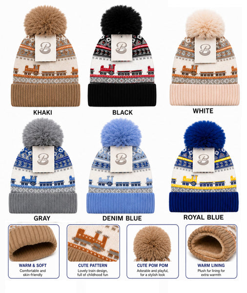 Boys Girls Kids Children Soft Warm Cute Pattern Design Winter Knit Hats Caps Lining W/Fluffy Pompoms H424