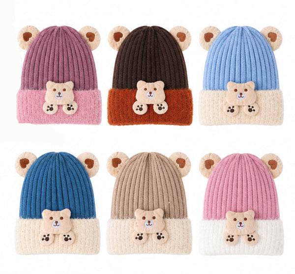 Girls Boys Kids Children Soft Warm Cute Bear Patch Cuffed Winter Knit Hats Caps W/Bear Ears H426
