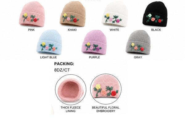 Lady Winter Warm Floral Embroidery Knitted Cuffed Hat Beanies Skull Cap W/ Fleece Lining H567