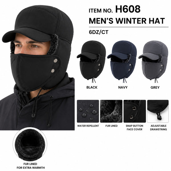 Fur Lining Water Proof Earflap Winter Hats Ski Hat With Removable Face Mask W/Visor, H608
