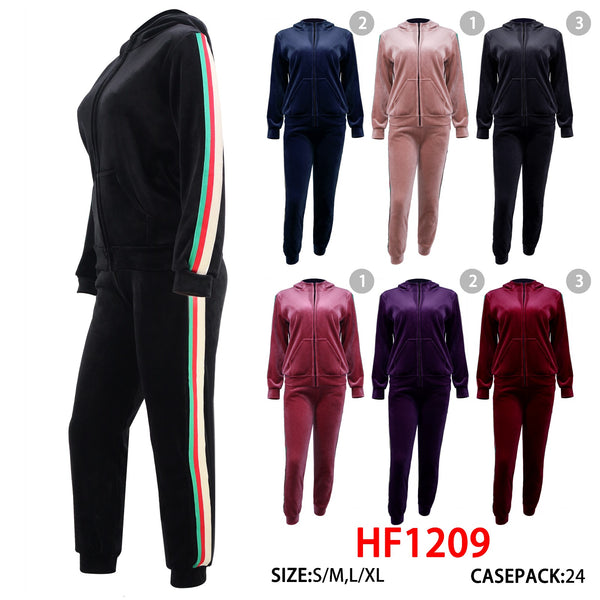 12 Sets Winter Warm Cozy Lining Outfit Gym Stripe Legging Pants Joggers And Full Zip Jacket Top W/Hoodie Set HF1209
