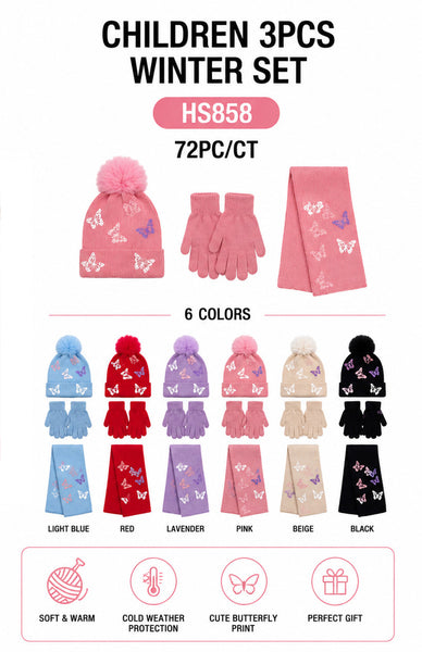 Wholesale Kids Boys Girls 3 Pieces Set Cute Butterfly Print Winter Knit Hats Beanie Scarf Gloves With Pom HS858