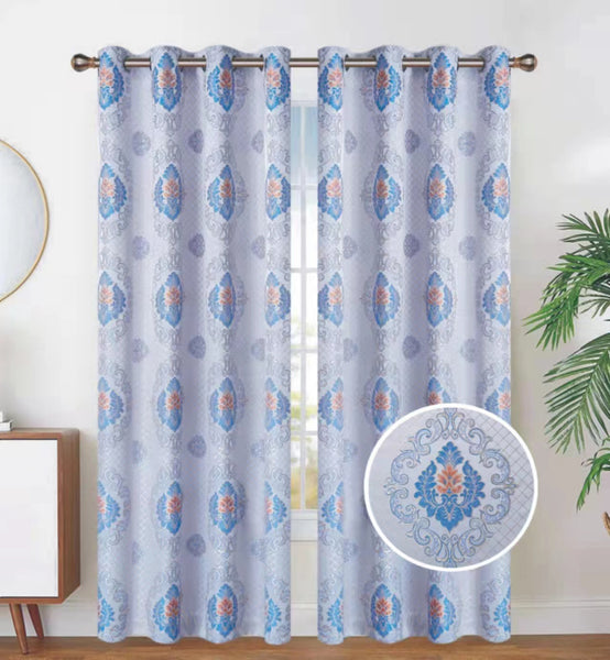 Jacquard Embroidered Damask Pattern Room Darkening Grommet Top Window Curtain Panel, 81067