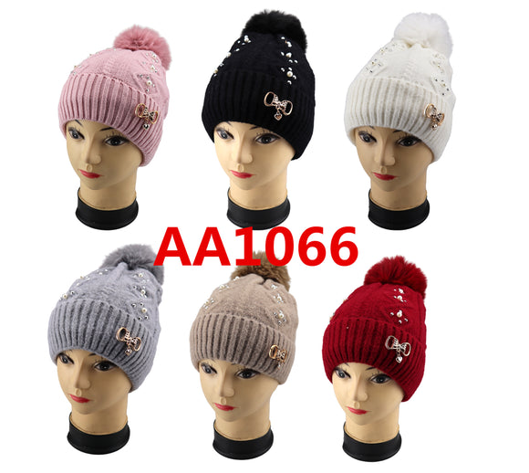 Lady Winter Cable Knitted Long Cuffed Hat Beanies Fur Lining W/Fur Pom And Stone AA1066