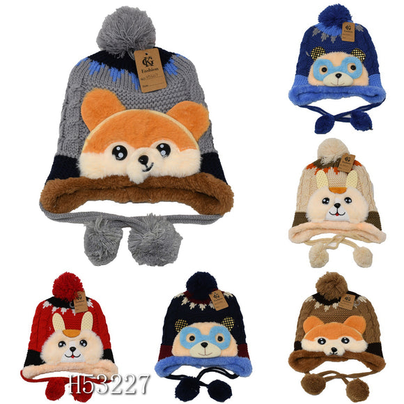 Kids Boys Girls Animal Winter Warm Hats Caps Fur Lining, H53227 - OPT FASHION WHOLESALE