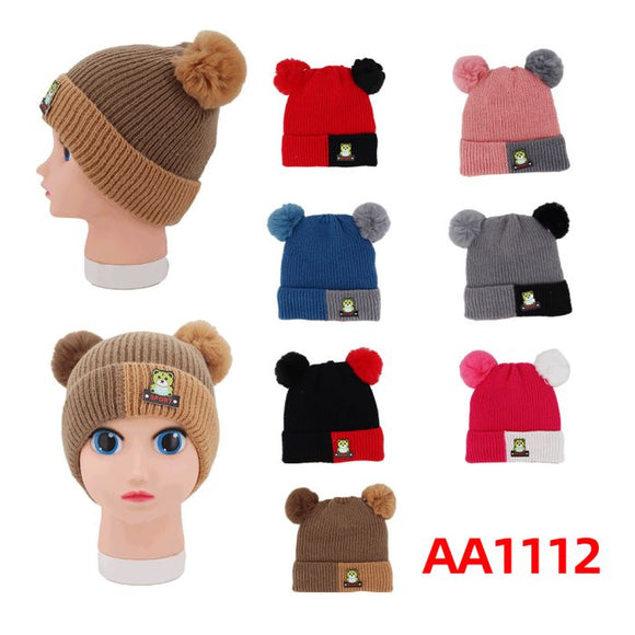 Kids Boys Girls Animal Winter Warm Double Poms Hats Caps, AA1112