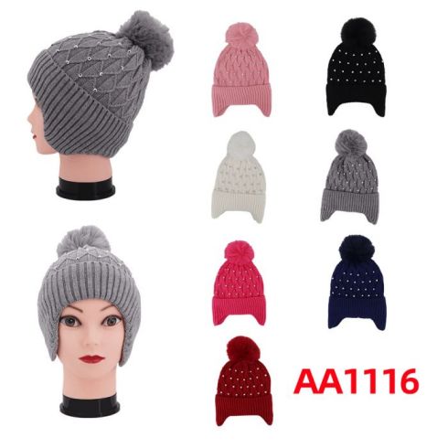 Women Winter Cable Knitted Hat Beanies Fur Lining Ear Cover W/Pom AA1116