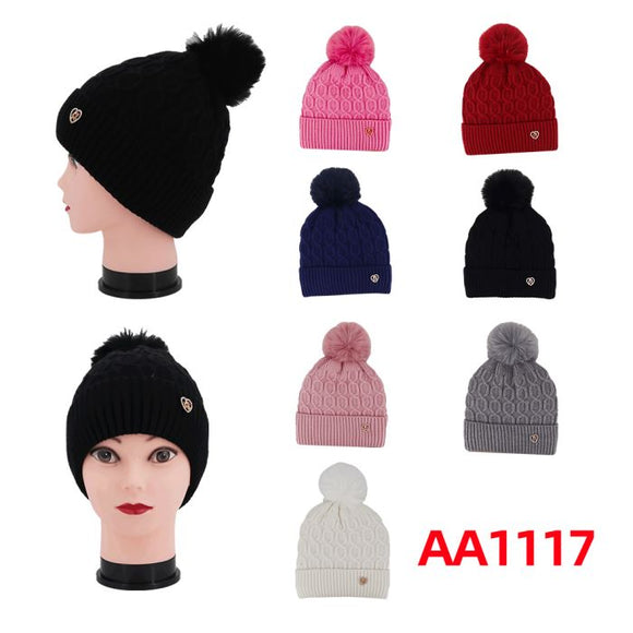 Women Winter Cable Knitted Hat Beanies Fur Lining W/Pom AA1117