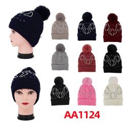 Women Winter Cable Knitted Hat Beanies Fur Lining Stone W/Pom AA1124
