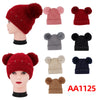 Women Winter Cable Knitted Hat Beanies Fur Lining Stone W/Two Poms AA1125
