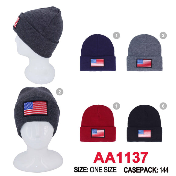 Long Cuffed Beanie Knit Skully USA Flag Winter Hats AA1137
