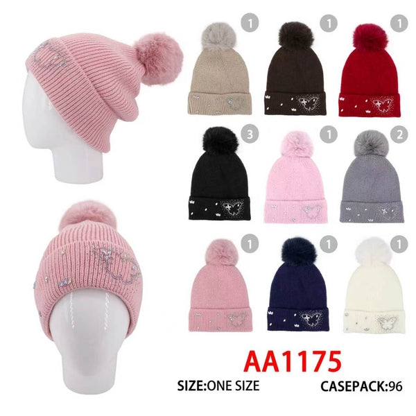 Winter Cable Knitted Soft Cuffed Hat Lady Rhinestone Butterfly Beanies Skull Lining W/Pom AA1175