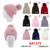 Winter Cable Knitted Soft Cuffed Hat Lady Rhinestone Butterfly Beanies Skull Lining W/Pom AA1175