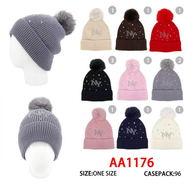 Winter Cable Knitted Soft Cuffed Hat Lady Rhinestone New York Beanies Skull Lining W/Pom AA1176