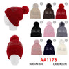 Winter Cable Knitted Soft Cuffed Hat Lady Rhinestone Twin Bear Beanies Skull Lining W/Pom AA1178