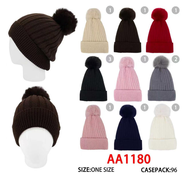 Winter Cable Knitted Cuffed Hat Beanies Pom Skull Cap W/ Lining AA1180