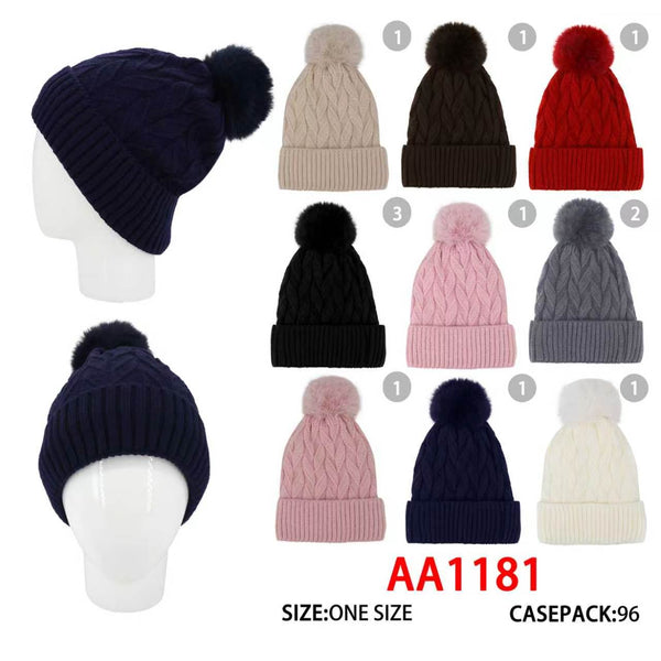 Winter Cable Knitted Cuffed Hat Beanies Pom Skull Cap W/ Lining AA1181