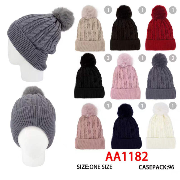 Winter Cable Knitted Cuffed Hat Beanies Pom Skull Cap W/ Lining AA1182