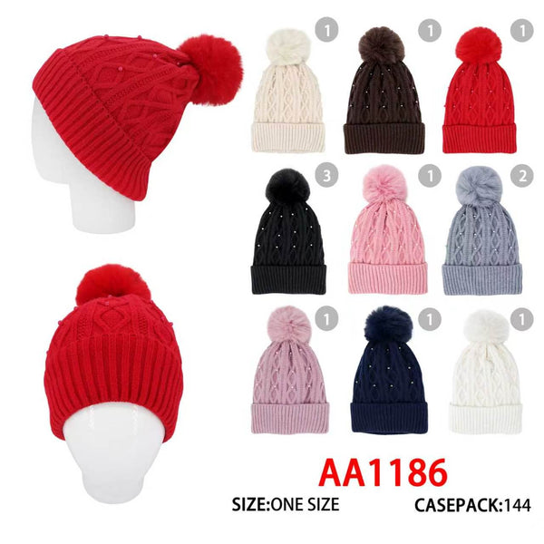 Winter Cable Knitted Cuffed Hat Beanies Pom Skull Cap W/ Lining AA1186