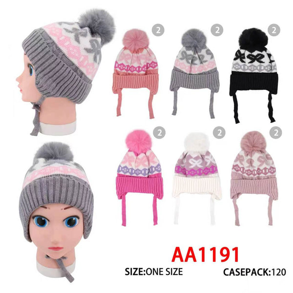 Kids Boys Girls Children Cute Winter Warm Pom Hats Caps Lining W/Earflap AA1191