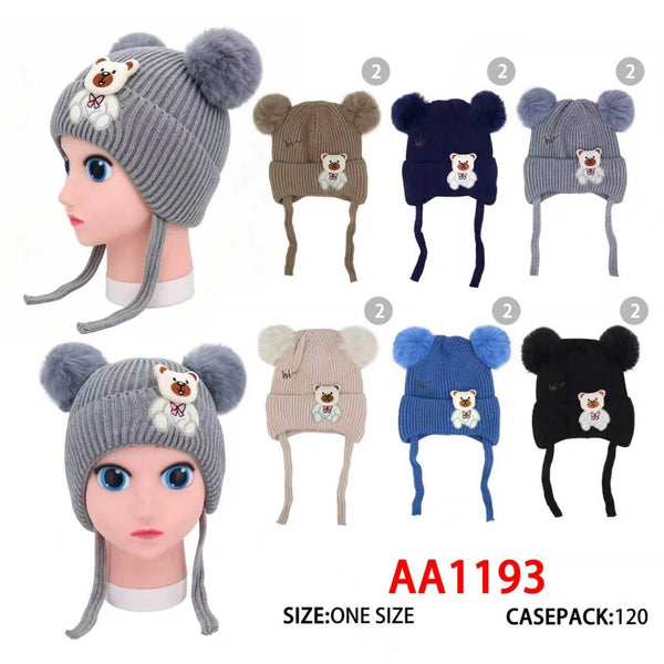 Kids Boys Girls Children Cute Bear Winter Warm Hats Caps Lining W/Earflap Two Poms AA1193