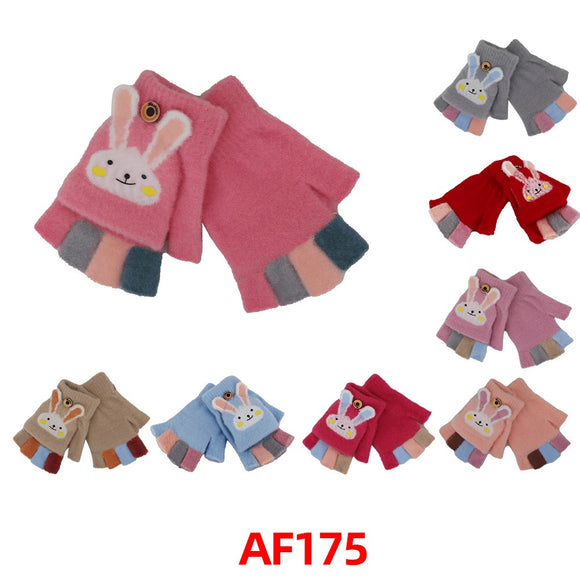 Girls Boys Kids Children Knit Multi Color Rabbit Fingerless Gloves W/Flip Cover AF175