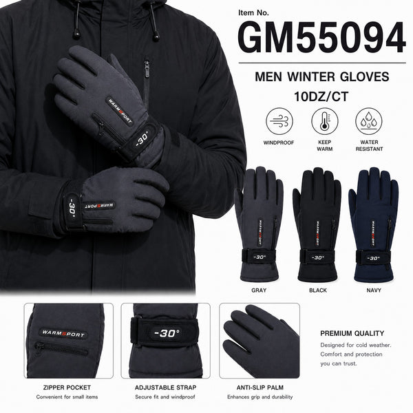 Men Waterproof High-Performance Anti Slip Palm Ski Gloves With Zipper Pocket & Adjustable Strap GM55094