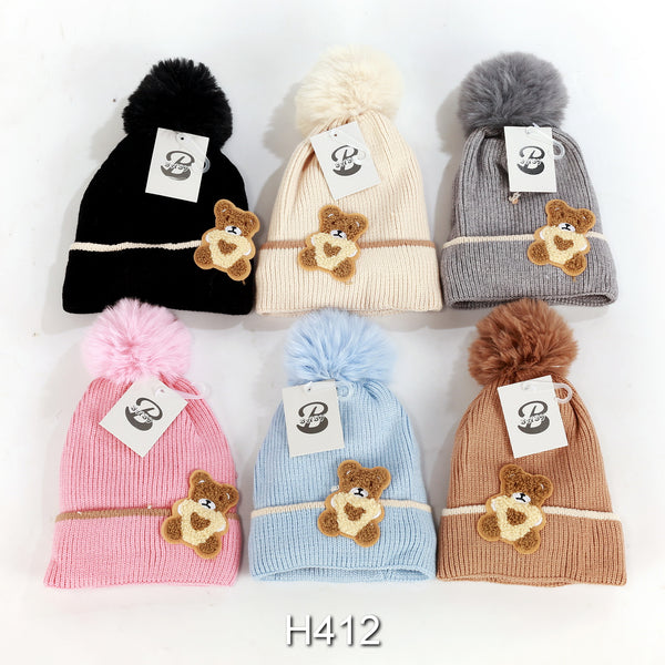 Kids Boys Girls Animal Bear Winter Warm Hats Caps Lining W/Pom H412
