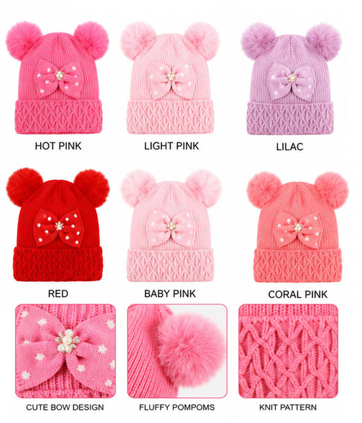 Girls Soft Warm Cute Bow Design Cuffed Winter Knit Hats Caps W/Fluffy Pompoms H422
