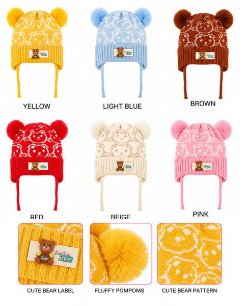 Girls Boys Kids Children Soft Warm Cute Bear Design Winter Knit Hats Caps W/Fluffy Pompoms H423