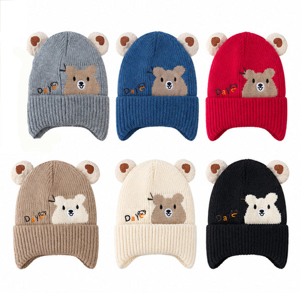 Boys Girls Kids Children Soft Warm Cute Bear Ears Design Winter Knit Hats Caps Lining W/Ear Cover H425