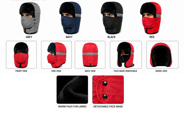 Winter Warm Trapper Trooper Earflap Ski Water Proof Hat With Face Mask And Reflection Strip W/Faux Fur Lining, H53189