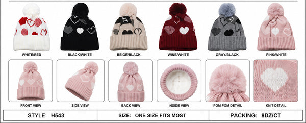 Winter Warm Heart Pattern Knitted Cuffed Hat Beanies Pom Pom Skull Cap W/ Lining H543