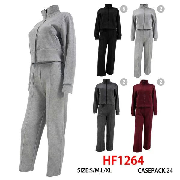 12 Sets Winter Warm Cozy Lining Outfit Gym Legging Pants Joggers And Mock Jacket Top Set HF1264