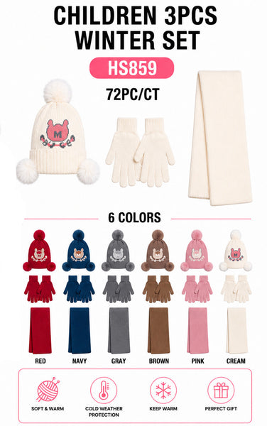 Wholesale Cute Kids Boys Girls 3 Pieces Set Winter Knit Hats Beanie Scarf Gloves With Pom HS859