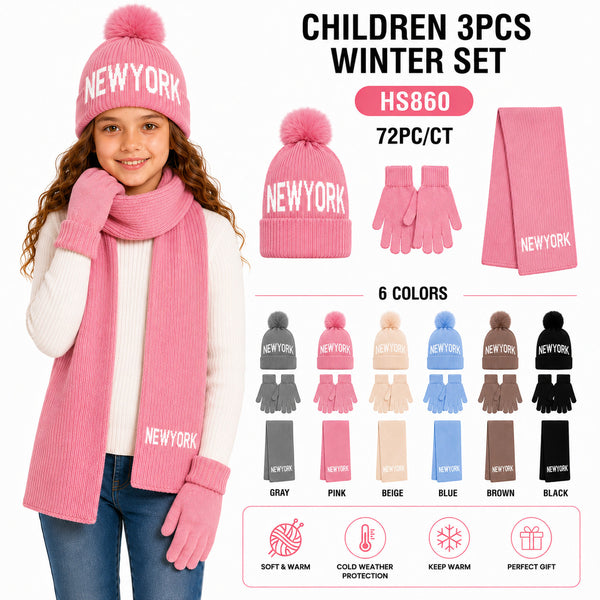 Wholesale Cute Kids Boys Girls 3 Pieces Set New York Design Print Winter Knit Hats Beanie Scarf Gloves With Pom HS860
