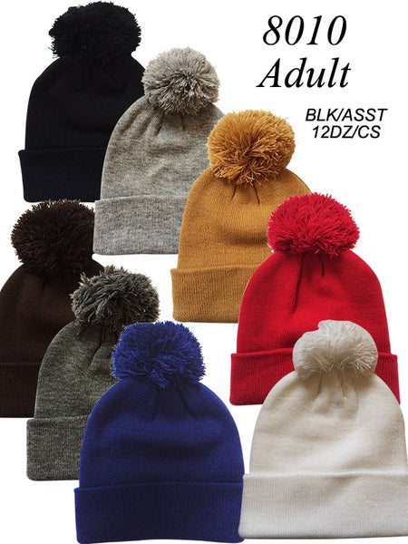 Wholesale Adult Cuffed Knit Ski Hat with Pom Beanie, H8010 - OPT FASHION WHOLESALE