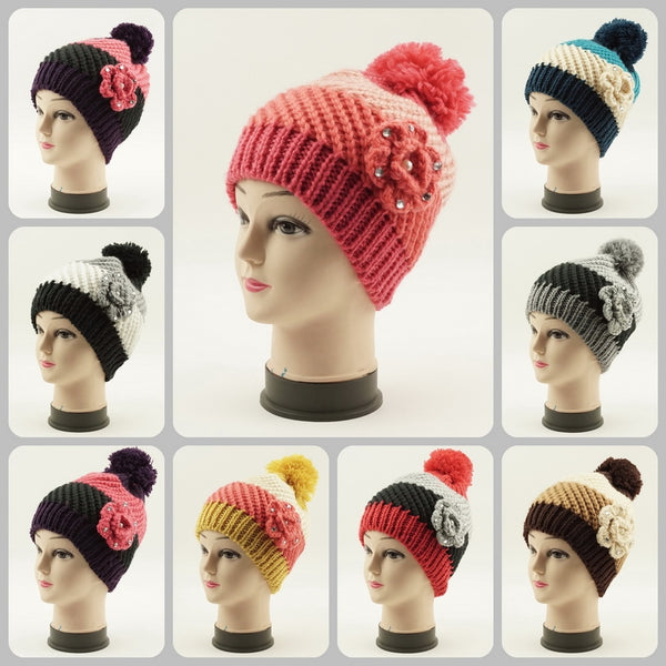 Wholesale Hand Knit Crochet Pom Flower Hat H53032 - OPT FASHION WHOLESALE