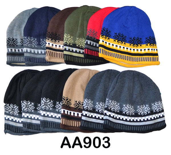 Knit Beanie Skully Hats Mix Print Fleece Insulation AA903 - OPT FASHION WHOLESALE