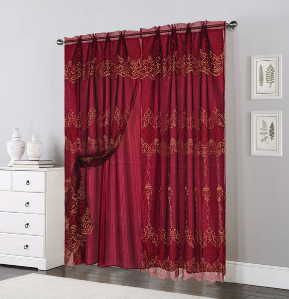 Double Layers Organza Sheer Embroidered Rod Pocket Window Curtain Panel and Valance, 81037
