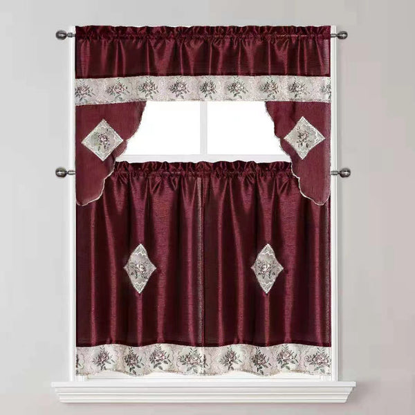 Semi-Sheer Rod Pocket Embroidery Kitchen Curtain 3 Pieces & Swag Valance 2 Tiers Set, 85001