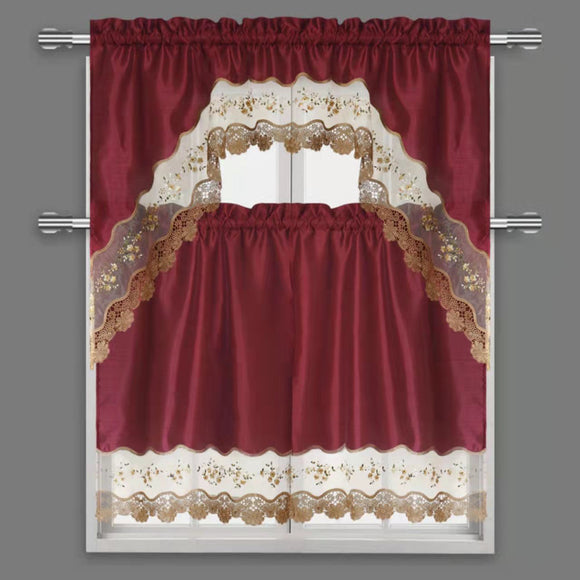Semi-Sheer Rod Pocket Embroidery Kitchen Curtain 3 Pieces & Swag Valance 2 Tiers Set, 85002