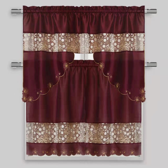 Semi-Sheer Rod Pocket Embroidery Kitchen Curtain 3 Pieces & Swag Valance 2 Tiers Set, 85003