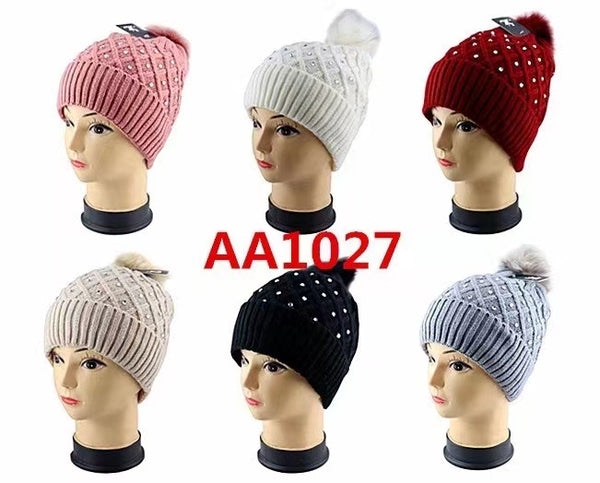 Lady Winter Cable Knitted Long Cuffed Hat Beanies Fur Lining W/Fur Pom And Stone AA1027